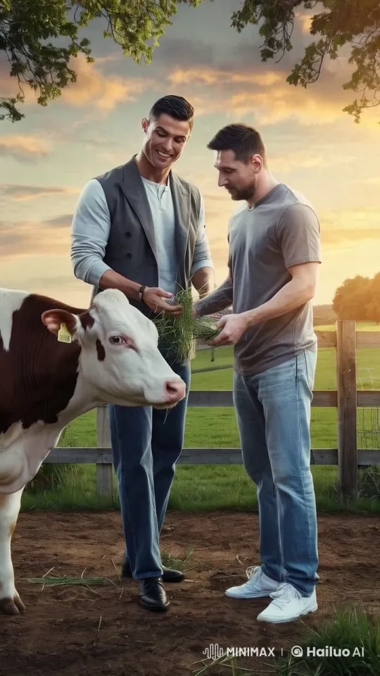 Cristiano Ronaldo and Lionel Messi Feed a Cow on a Peaceful Farm – AI Generated Video | Hailuo AI