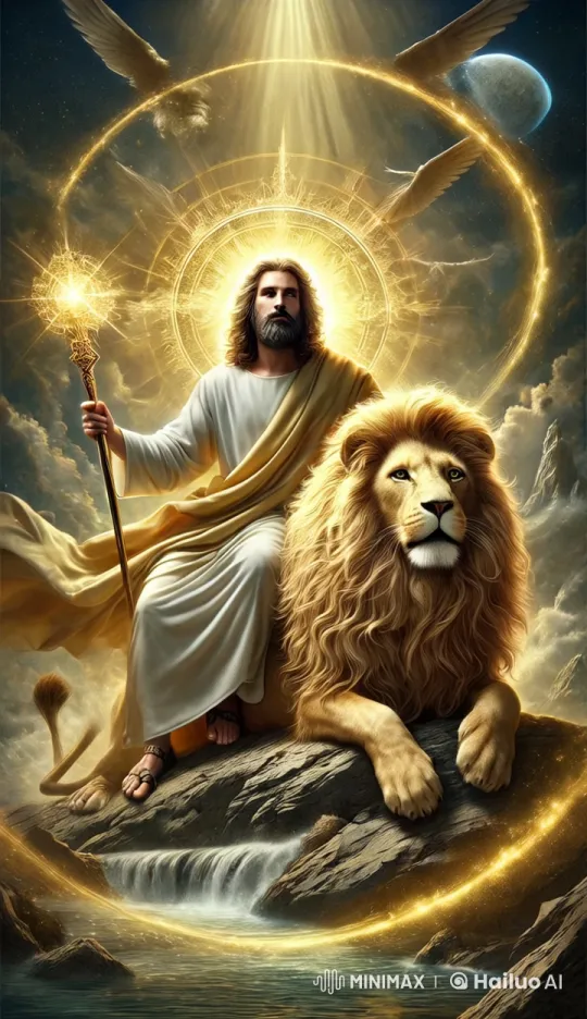 Divine Figure on Lion Amidst Celestial Landscape – AI Generated Video | Hailuo AI