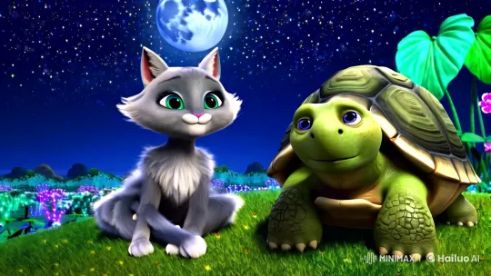 Magical Night: Sophia the Cat and Oliver the Tortoise – AI Generated Video | Hailuo AI