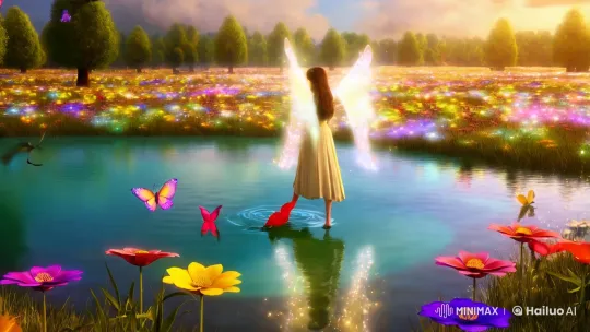 Angel in Radiant Fields with Serene Lake and Light Butterflies – AI Generated Video | Hailuo AI