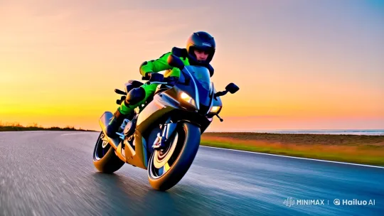 Sunset Motorcycle Chase: Kawasaki Ninja in Cinematic Flight – AI Generated Video | Hailuo AI