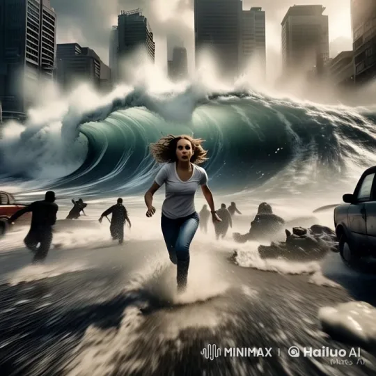 Woman Flees Tsunami Amidst City Chaos in Live2D Animation – AI Generated Video | Hailuo AI
