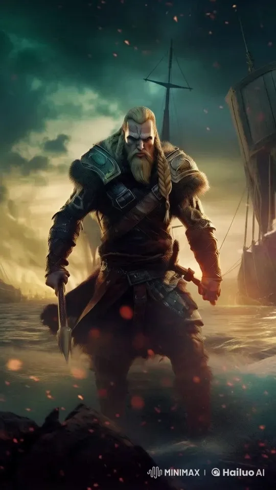 Epic Viking Warrior in Action on Stormy Shore – AI Generated Video | Hailuo AI