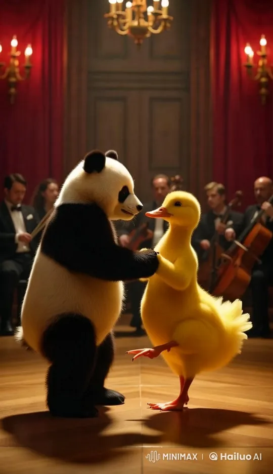 Panda and Duck Dance Gracefully in Grand Ballroom – AI Generated Video | Hailuo AI