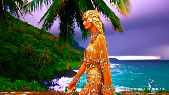 Elegant Woman Adorned in Gold Amidst a Dramatic Coastal Storm – AI Generated Video | Hailuo AI