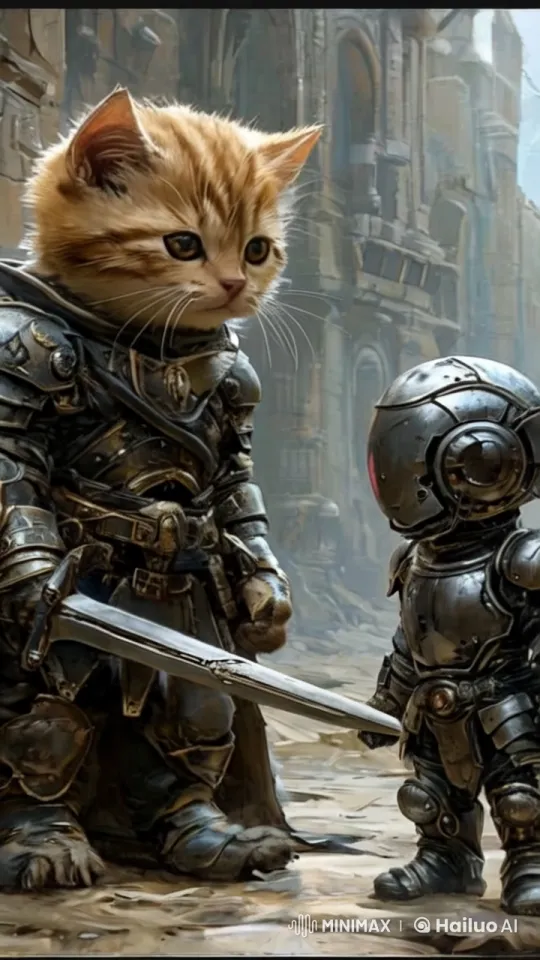 Medieval Cat and Futuristic Robot Meet in Ancient City – AI Generated Video | Hailuo AI