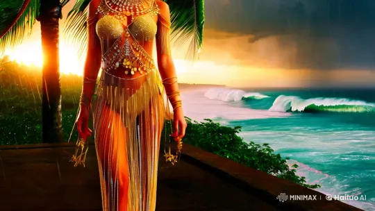 Elegant Woman Adorned in Gold Amidst Stormy Jungle Seascape – AI Generated Video | Hailuo AI