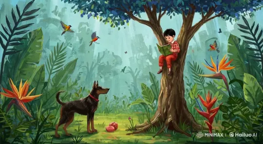 Boy and Doberman Play in Lush Jungle Setting – AI Generated Video | Hailuo AI