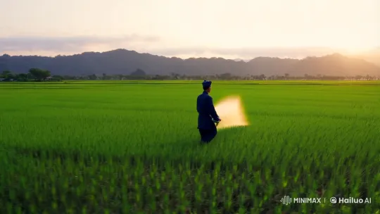 Farmer Tending Rice Field with Care – AI Generated Video | Hailuo AI