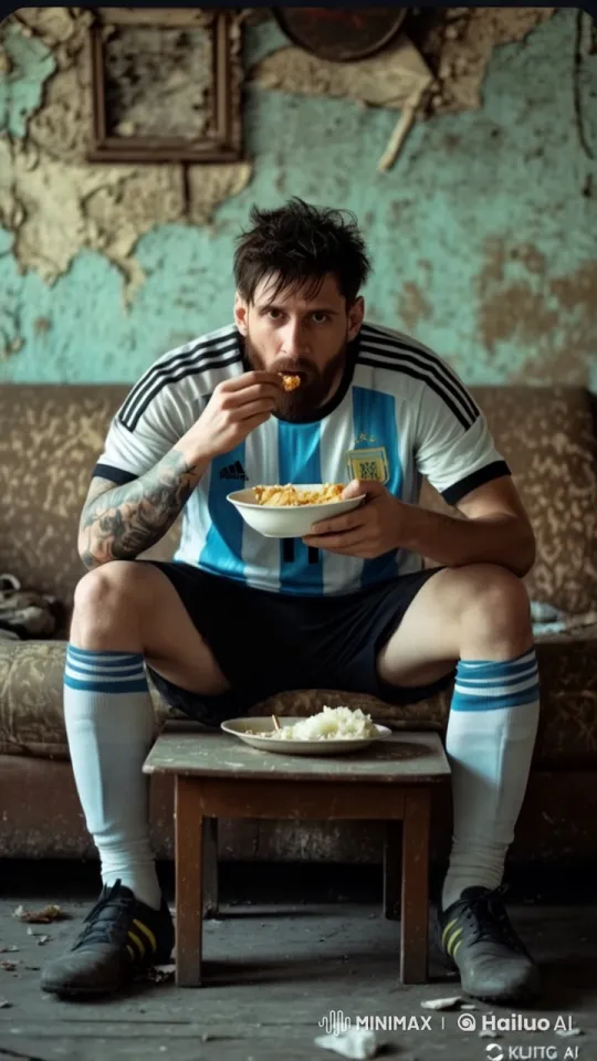 Rustic Setting: Argentina Soccer Player Enjoying Meal – AI Generated Video | Hailuo AI