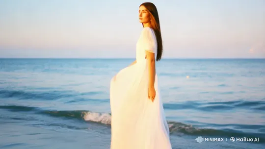 Serene Beauty: Woman in White by the Sunset Sea – AI Generated Video | Hailuo AI