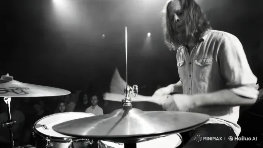 Intense Drummer Captured in Slow-Motion Foggy Performance – AI Generated Video | Hailuo AI