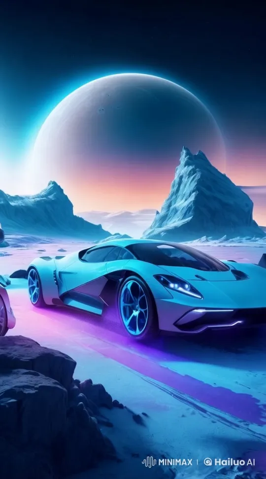 Futuristic Sports Car in Alien Icy Landscape – AI Generated Video | Hailuo AI