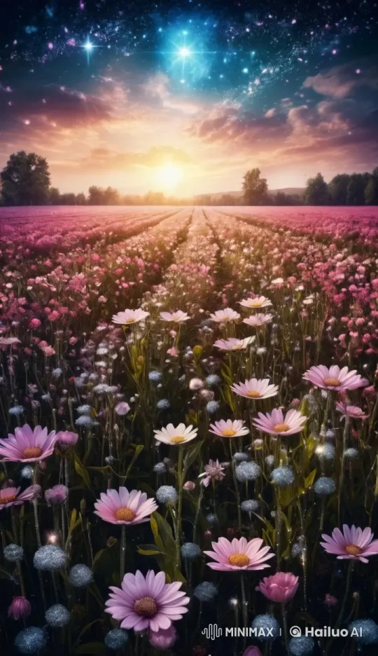 Twilight Tranquility: Swaying Flowers Under a Starry Sky – AI Generated Video | Hailuo AI