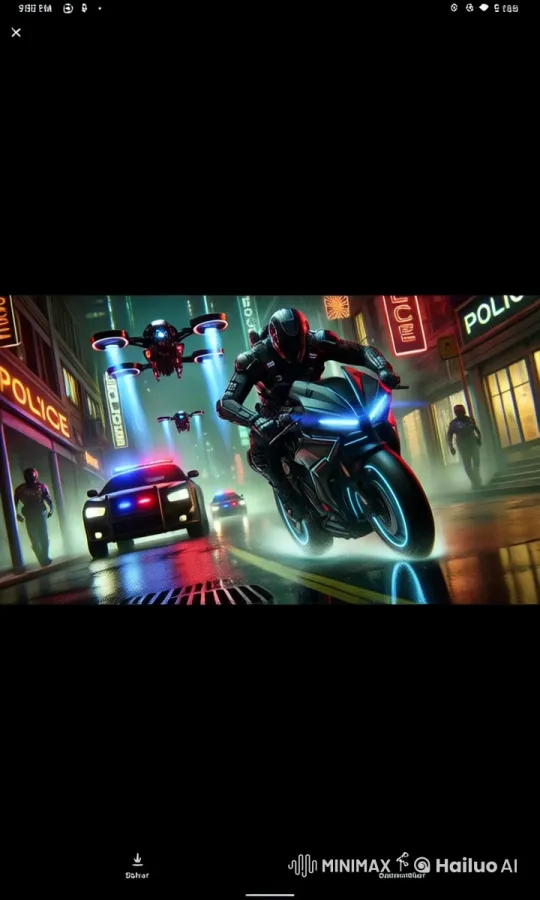 Cybernetic Motorcyclist Evades Chase in Neon City – AI Generated Video | Hailuo AI