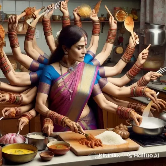 Indian Woman Multitasks in Vibrant Kitchen with Live2D Art – AI Generated Video | Hailuo AI
