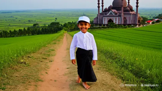 Energetic Boy Approaches Mosque in Rural Splendor – AI Generated Video | Hailuo AI