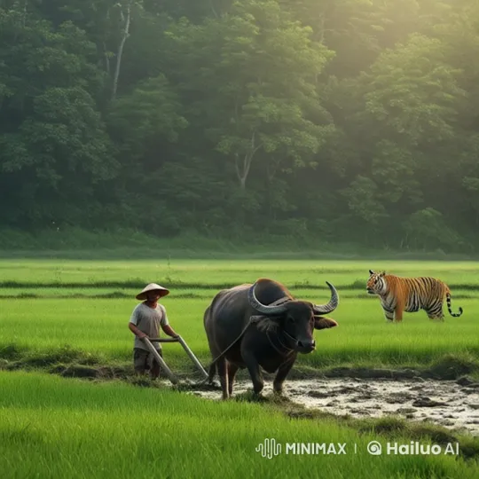 Farmer, Buffalo, and Tiger in Serene Rice Field – AI Generated Video | Hailuo AI