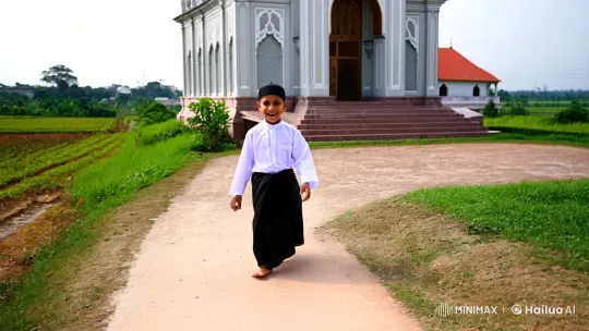 Joyful Boy in Traditional Attire at Grand Mosque and Countryside – AI Generated Video | Hailuo AI