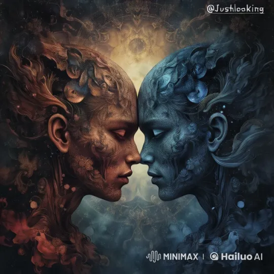 Facing Heads in Cosmic Dance with Swirling Colors and Blinking – AI Generated Video | Hailuo AI