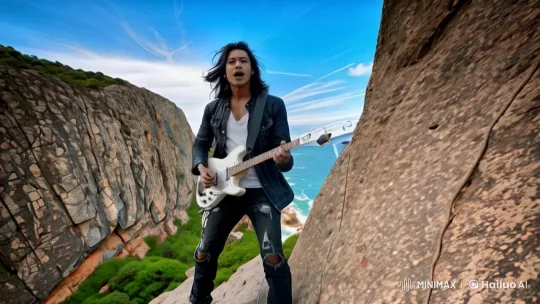 Electric Guitarist on Cliff with Dramatic Ocean View – AI Generated Video | Hailuo AI