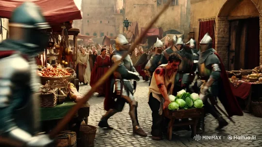 Medieval Market Chaos: Crusaders Confront Merchant – AI Generated Video | Hailuo AI