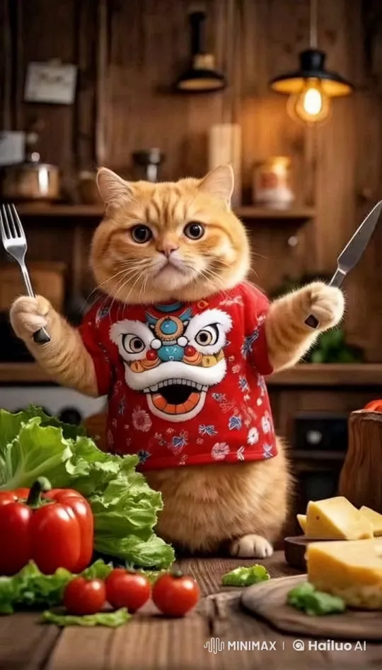 Ginger Cat Chef Enthusiastically Chops Vegetables – AI Generated Video | Hailuo AI