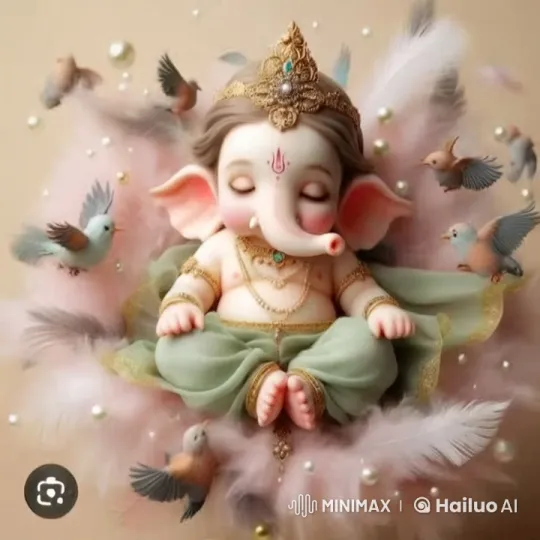 Enchanted Baby Ganesha Amidst Magical Feathers and Birds – AI Generated Video | Hailuo AI