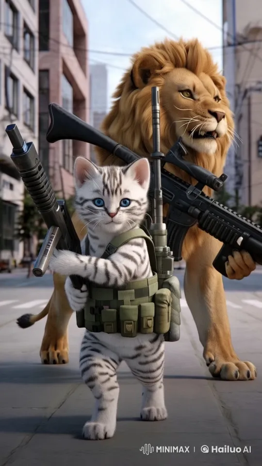 Military March: Kitten and Lion Prepare for Battle – AI Generated Video | Hailuo AI
