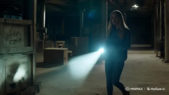Young Woman Explores Spooky Warehouse with Poise – AI Generated Video | Hailuo AI