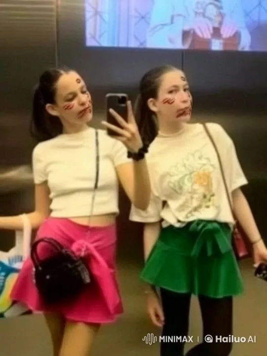 Young Women Share Joyful Moment in Stylish Elevator Selfie – AI Generated Video | Hailuo AI