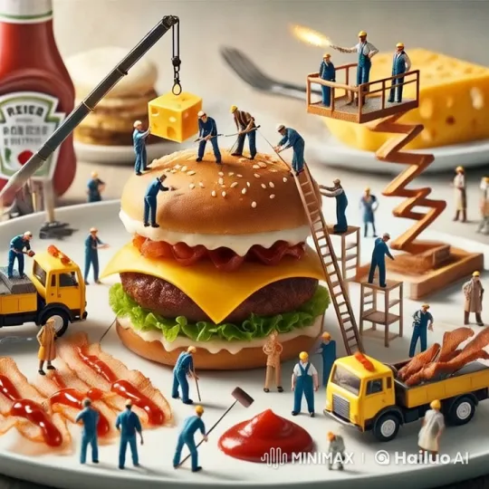 Tiny Workers Construct Giant Cheeseburger in Live2D Animation – AI Generated Video | Hailuo AI