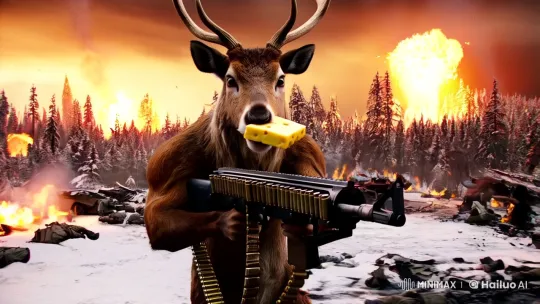 Rambo-Style Deer Fights in Snowy Battlefield With Cheese – AI Generated Video | Hailuo AI