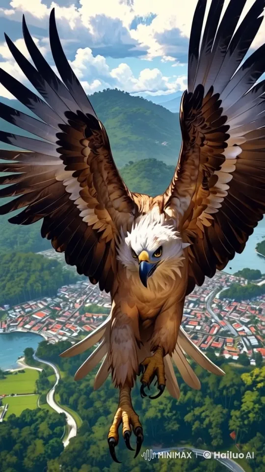 Eagle Soars Over Scenic Mountain Town in Live2D Animation – AI Generated Video | Hailuo AI