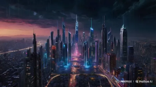 Futuristic Cityscape: Neon Lights and Gentle Rain – AI Generated Video | Hailuo AI