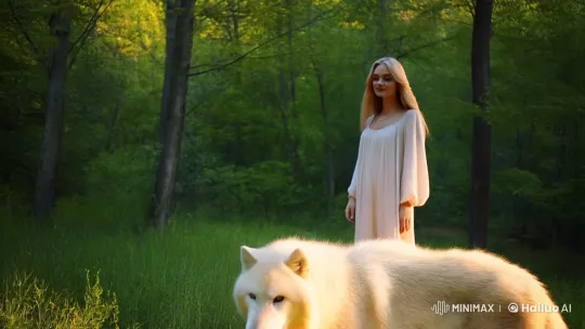 Woman Bonds with Gentle White Wolf in Forest Clearing – AI Generated Video | Hailuo AI