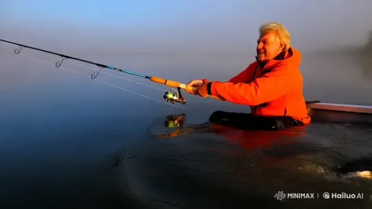 Man Catches Fish in Misty River Morning – AI Generated Video | Hailuo AI