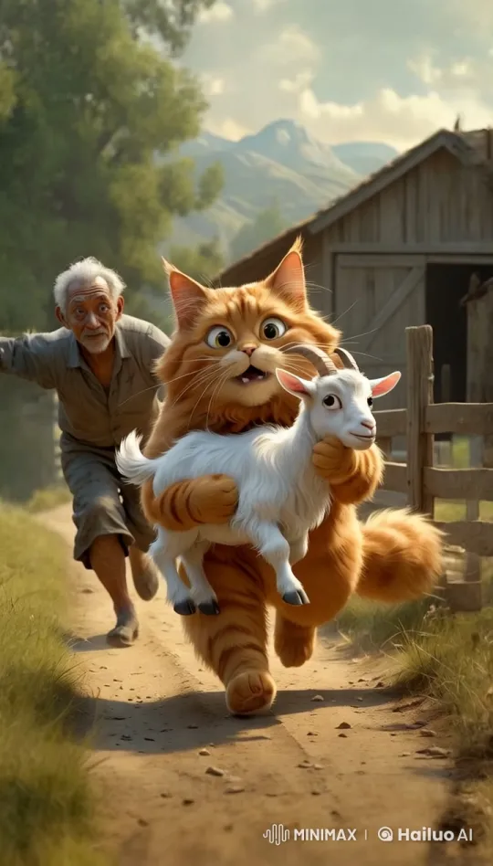 Striped Cat Carries Goat in Lively Countryside Scene – AI Generated Video | Hailuo AI