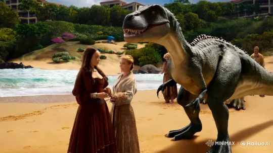 Prehistoric Paradise: Woman, Dinosaurs, and Futuristic Beer Barrel – AI Generated Video | Hailuo AI