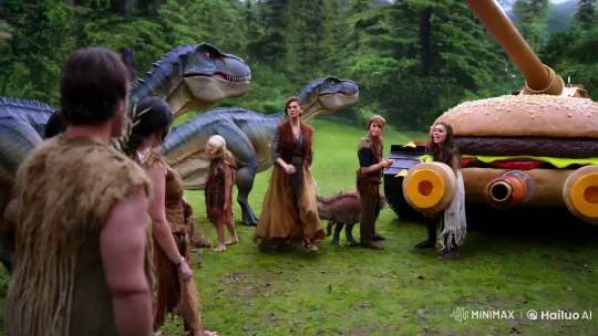 Prehistoric World: Woman, Dinosaurs, and Hamburger Tank – AI Generated Video | Hailuo AI