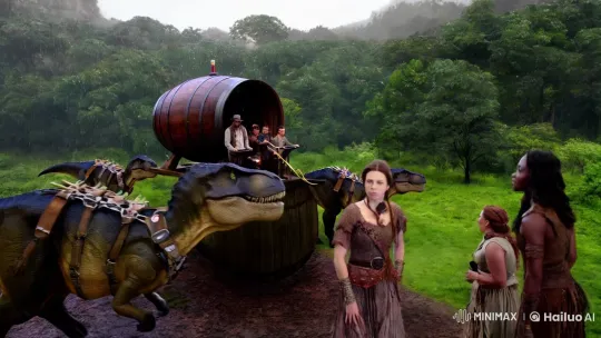 Prehistoric Era: Woman, Dinosaurs, and Wine Barrel Flight – AI Generated Video | Hailuo AI