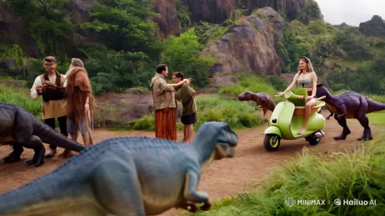 Prehistoric Harmony with Matcha Scooter in Verdant Landscape – AI Generated Video | Hailuo AI