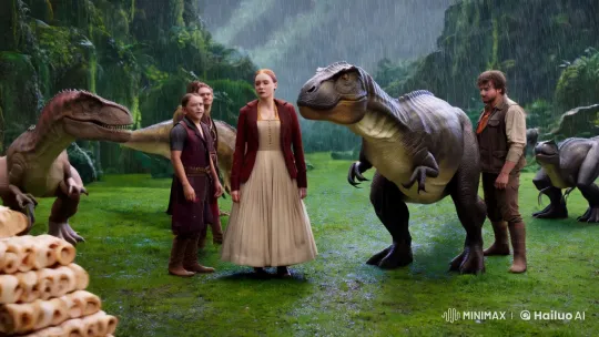 Prehistoric Scene with Dinosaur Interactions and Futuristic Monorail – AI Generated Video | Hailuo AI