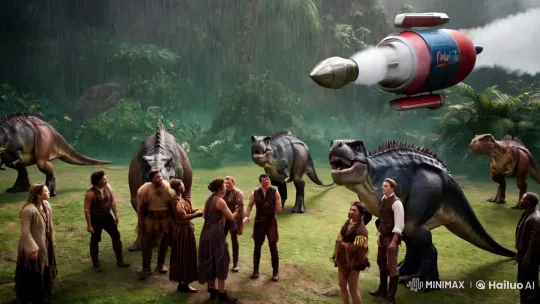 Primitive Times: Prehistoric Dinos Meet Futuristic Spaceship – AI Generated Video | Hailuo AI