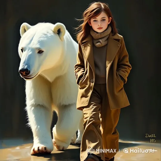 Girl and White Bear Stroll Elegant Winter Runway – AI Generated Video | Hailuo AI