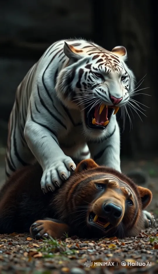 White Tiger Prevails Over Struggling Bear in Live2D Animation – AI Generated Video | Hailuo AI