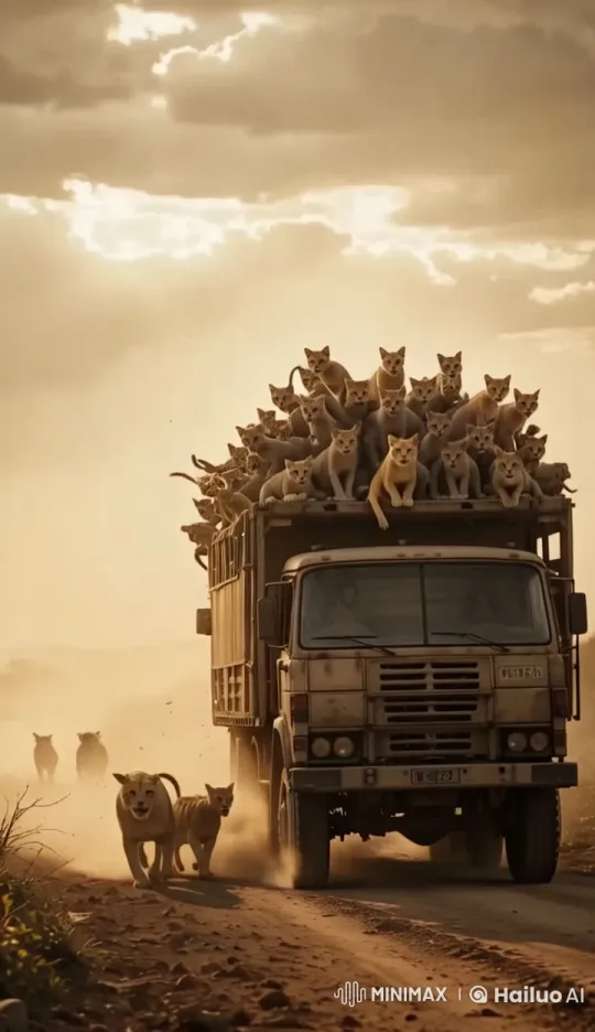 Cats Cling to Truck as Lions Attack in Savanna Drama – AI Generated Video | Hailuo AI
