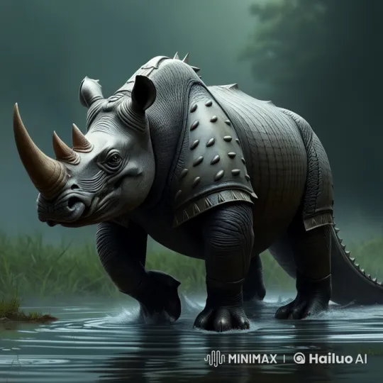 Armored Rhino in Misty Waters with Live2D Rendering – AI Generated Video | Hailuo AI