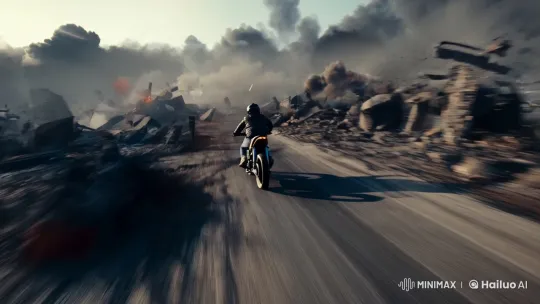 Thrilling Bike Chase Through Chaotic Warzone Landscape – AI Generated Video | Hailuo AI