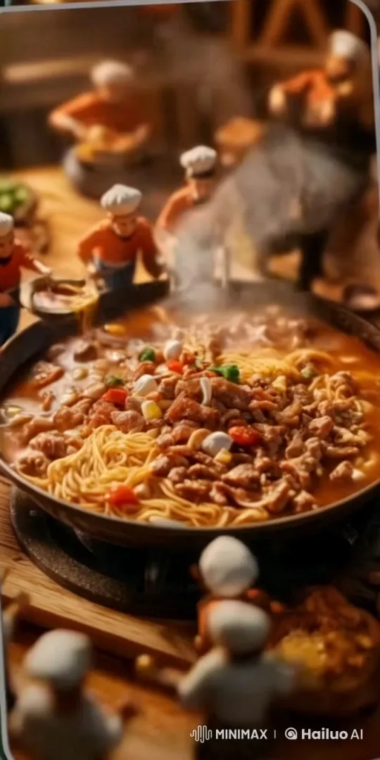 Sizzling Noodles: Chefs Craft a Savory Delight – AI Generated Video | Hailuo AI